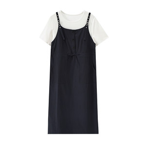 
College style age-reducing plus size women's two-piece set 200*0.5kg fat mm casual waist suspender skirt white t-shirt trendy suit