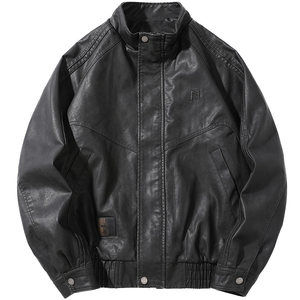 
High-end handsome retro nostalgic style black PU leather jacket for men loose large size American fashion brand stand collar jacket
