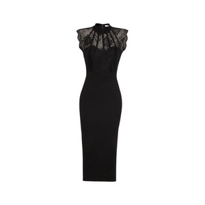 XULU原创罗马布拼接蕾丝时尚气质优雅修身高腰显瘦短袖高领连衣裙