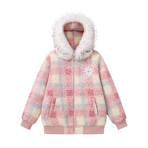 
TFOUR Couples American Plush Plaid Hooded Thickened Cotton Coat for Women Couples Autumn and Winter Large Fur Collar Coat for Men