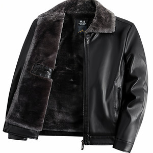 Woodpecker new men with velvet thickened wool collar leather jacket Middle -aged and elderly dad dress winter warm jacket top C
