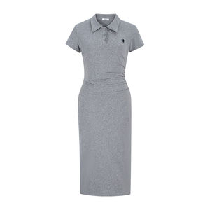 
MosesQueen embroidered polo collar short-sleeved dress women's summer pleated waist A-line long skirt