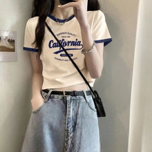 Slim Fit, High Waist Short T-shirt for Women 2024 Summer New Contrast Color Pure Cotton Short Sleeve Top Trendy Short Edition All Cotton