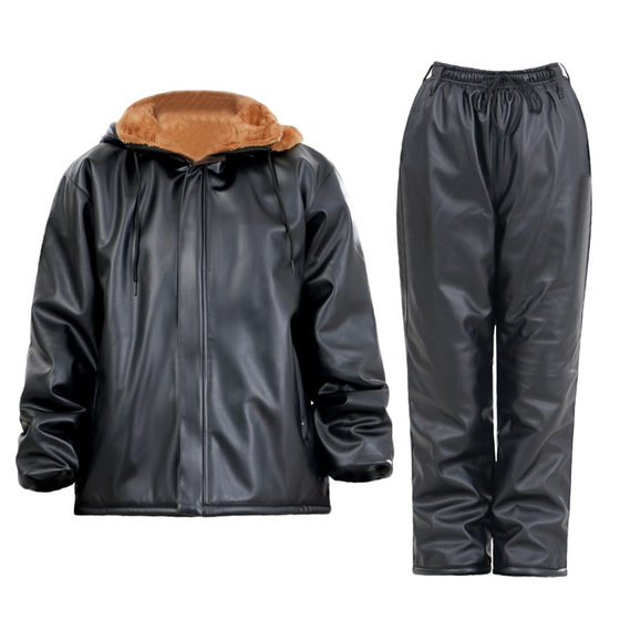 
velvet thickened leather jacket set for women's winter takeaway riding cotton jacket for men's windproof cotton pants work clothes PU leather pants