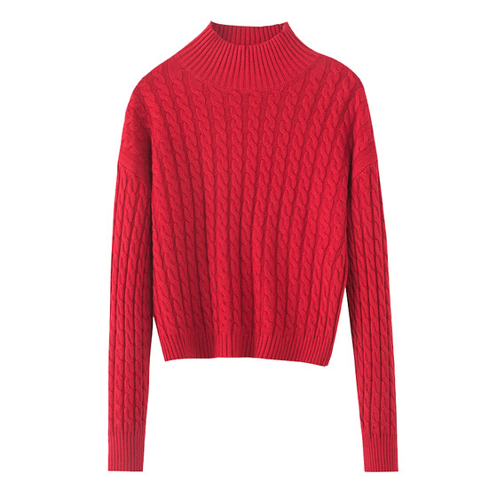 High -waisted twist sweater women's hood loose autumn and winter semi -high neck short small, thickened inside knit sweater