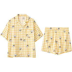 
Red bean couple pajamas summer thin short sleeve shorts cool home plaid ice silk men and women's home clothing set