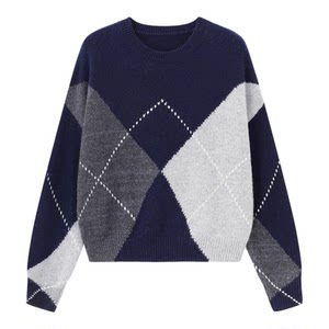 
Baijiahao retro rhombus round neck short woolen sweater for women spring new gray loose knitted woolen sweater top
