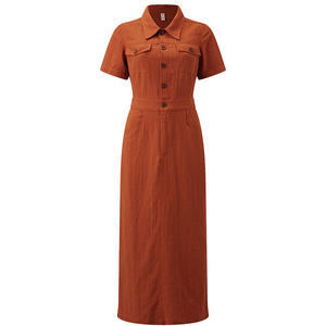 
Ching's 1980s retro cotton and linen work style shirt collar waist-hugging and slim high waist straight dress