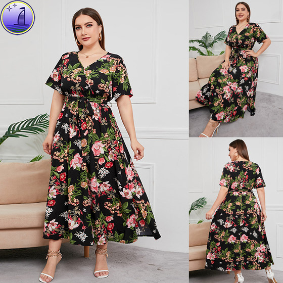 plus size women floral print dresses 200斤女人大码显瘦连衣裙