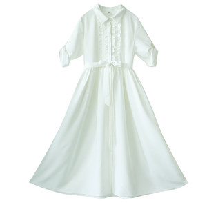 Spot [A touch of spring] Spring and autumn shirt collar white dress for women new nine-point sleeve black earrings long skirt