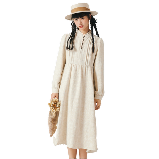 
Zihan wood ear-sided stand-up collar dress for women in winter new two-color jacquard retro high waist A-line midi skirt