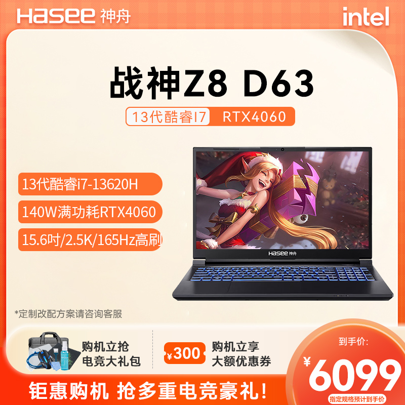 Hasee 神舟 战神Z8D6 SQ1 十二代酷睿版 15.6英寸 游戏本 黑色（酷睿i7-12650H、RTX 4060 8G、16GB、1TB SSD、2.5K、IPS、165Hz）