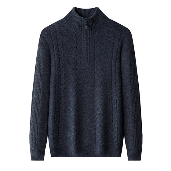 Shanghai spring bamboo winter extra thick cashmere sweater for men new half-high zipper collar middle-aged casual high-end knitted sweater
