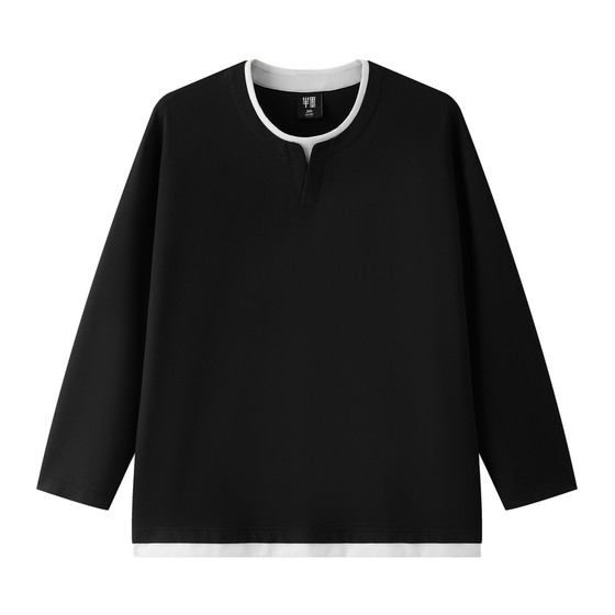 
Half-ink large size men's fake two-piece long-sleeved T-shirt men's 2026 spring new loose plus fat round neck top