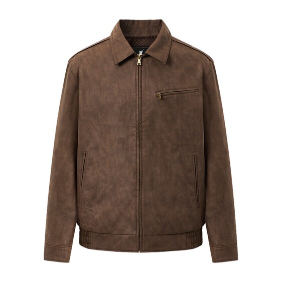 
POLOWALK men's leather jacket 2025 winter new men's retro commuter lapel plus velvet zipper leather jacket