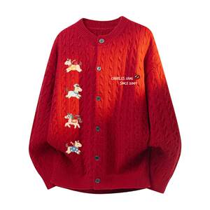 
Charles Heart of the Red Horse Year of the Horse Cardigan Sweater Men's Spring and Autumn New Trendy Brand Button Couple Knitted Jacket