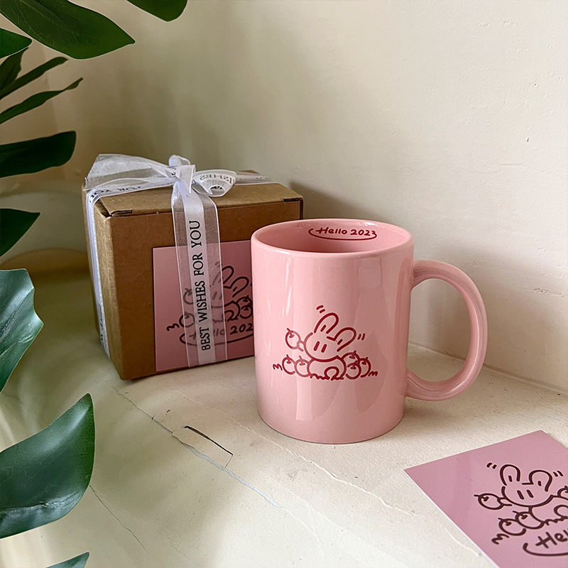 礼盒装/原创设计粉色可爱小兔子陶瓷马克杯新年礼物杯耐热水杯女