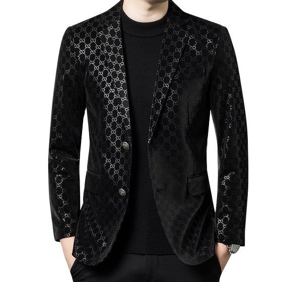 Genuine leather jacket casual suit men's Korean style slim fashion trend handsome printed shiny sheepskin blazer
