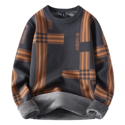 Playboy Autumn And Winter Thickened Warm Jacquard Sweater Men's New One-piece Velvet Round Neck Striped Casual Sweater