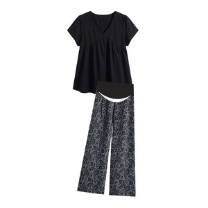 
Maternity suit summer 2026 new fashion black temperament thin V-neck short-sleeved tops and pants two-piece set for women