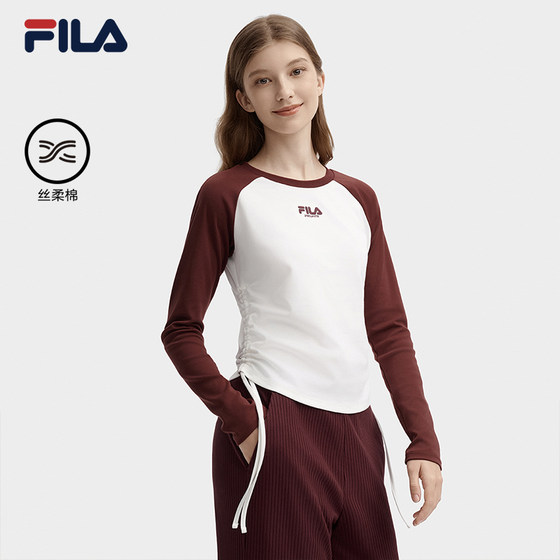 FILA 斐乐官方女子针织长袖衫2024秋新款抽绳束腰纯棉插肩袖长T恤