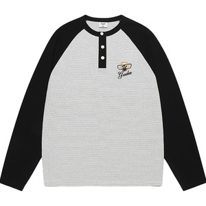 
GUUKA trendy puppy embroidered striped long-sleeved T-shirt men's pure cotton heavyweight couple wear Henry collar raglan sleeve top