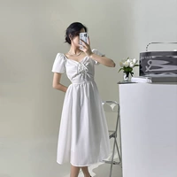 Летняя белая мини-юбка, расширенное платье с коротким рукавом, французский стиль, квадратный вырез, изысканный стиль, яркий броский стиль