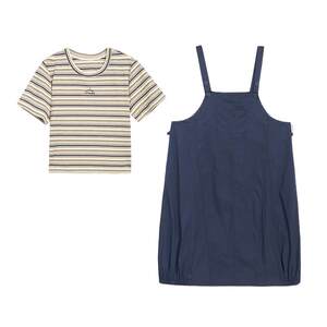 
Zihan striped right shoulder short-sleeved T-shirt koala embroidered suspender dress two-piece suit for women 2026 summer new style