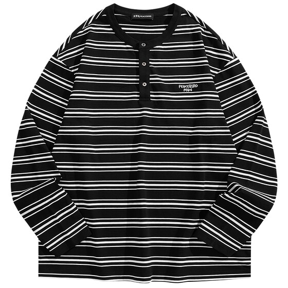 
[Henry Collar] PEACEBIRD Men's Fashion Contrast Color Striped Long Sleeve T-Shirt Spring New Commuting Embroidered Bottoming Shirt