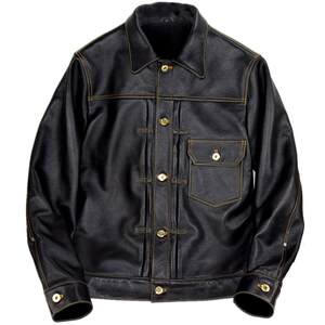 Spring 506 denim modified version of the contrasting color line gold button cowhide leather leather jacket
