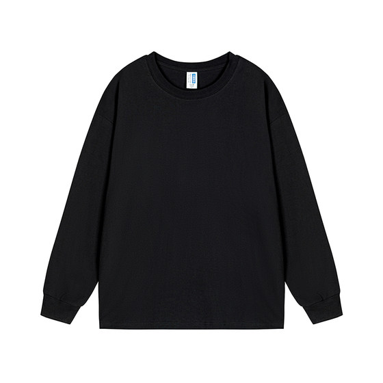 
300G heavy floral gray pure cotton long-sleeved T-shirt spring and autumn round neck casual loose solid color T-shirt bottoming shirt for men