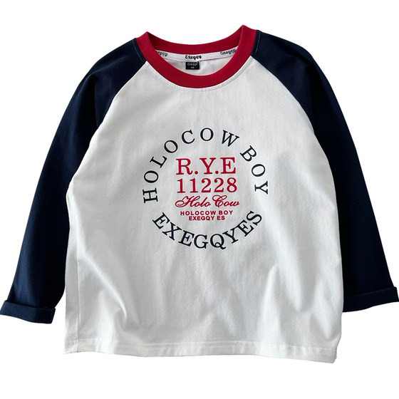 
Pure cotton soft glutinous ~ Boys raglan sleeves round neck T-shirt medium-sized children's fashionable letters long-sleeved base shirt fashionable top