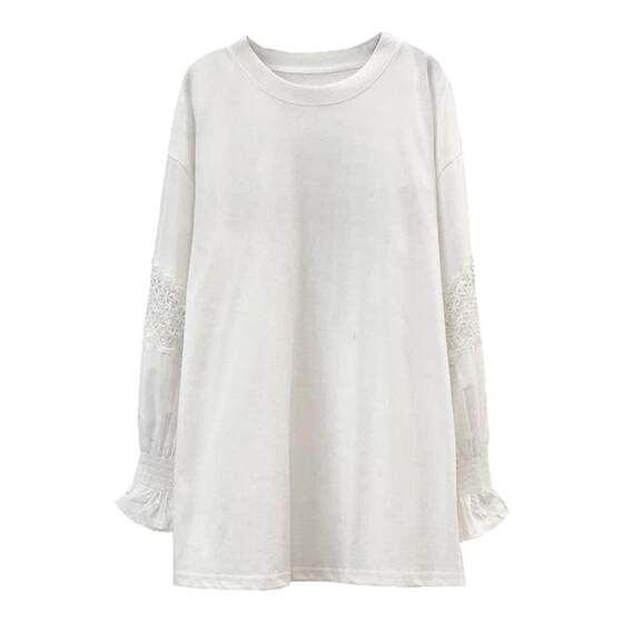 
Nuochu Maternity Clothing ~ Western Style T-shirt Spring White Round Neck Spliced Shirt Hollow Bottoming Shirt Loose Top Spring Clothing