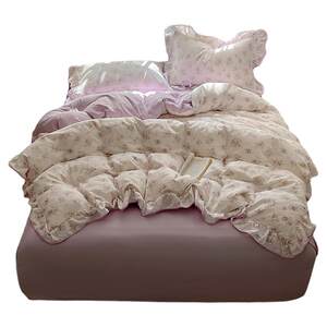 
ins pure cotton bedding four-piece set princess style pure cotton new purple quilt cover girl lace bed sheet three-piece set 4