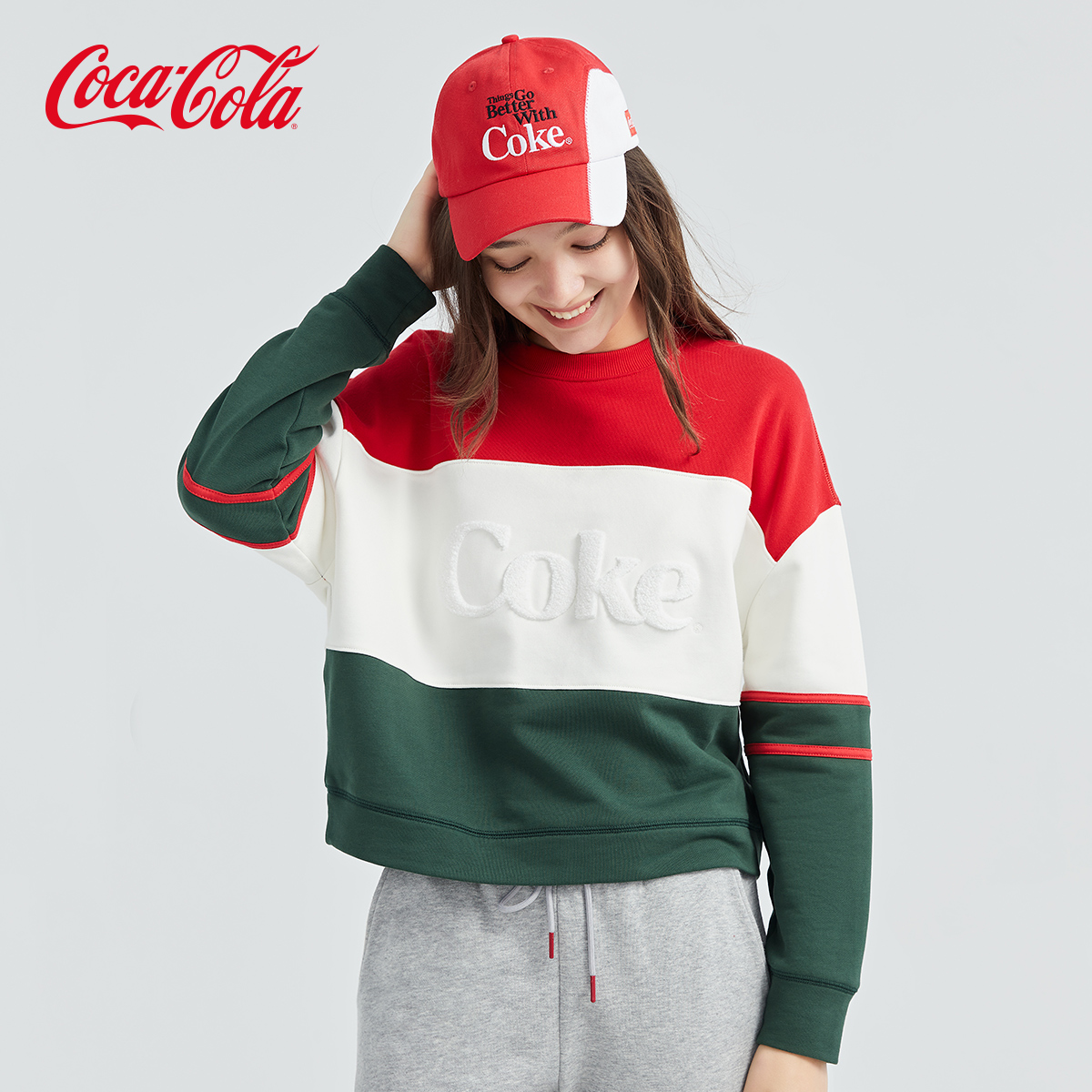 Coca-Cola可口可乐官方卫衣春季新款套头LOGO毛巾绣条纹潮流卫衣