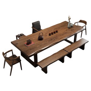 
Solid wood large board tea table and chair combination one table and six chairs tea table office living room home tea table new Chinese tea table