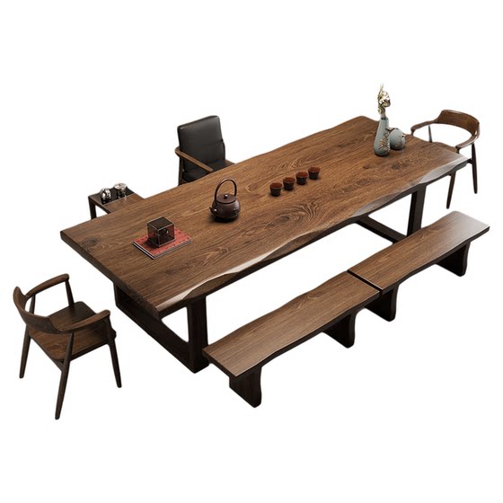 
Solid wood large board tea table and chair combination one table and six chairs tea table office living room home tea table new Chinese tea table