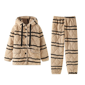 
Beiyan winter thickened coral velvet cotton couple pajamas fashionable hooded men and women warm cotton jacket home clothing set