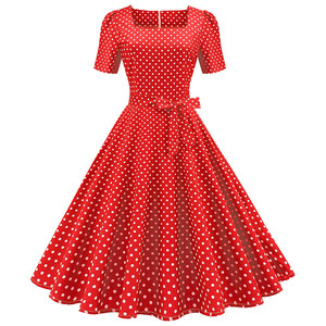 Summer New Women's Wear: European and American Storm Spotted Slim Short sleeved Dress with Square Neck, High Waist, and Large Swing Skirt Ball Performance