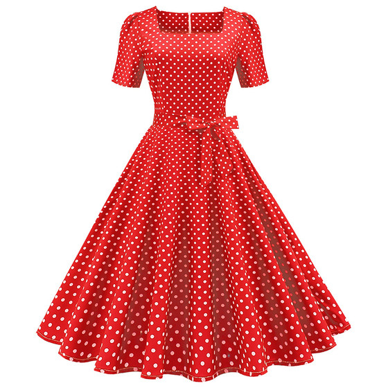 Summer New Women's Wear: European and American Storm Spotted Slim Short sleeved Dress with Square Neck, High Waist, and Large Swing Skirt Ball Performance