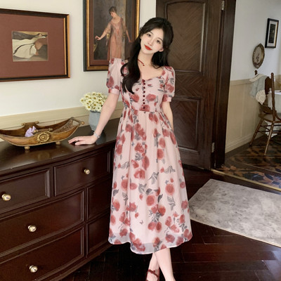 taobao agent Retro summer dress, advanced long skirt, plus size, french style, square neckline, high-quality style, fitted