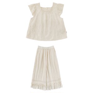 
Young girls' summer new style pure cotton small flying sleeve baby doll's eight-and-a-half-point loose lace wide-leg pants children's suit