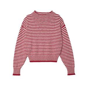 LLANO retro stand collar striped cotton pullover knitted sweater round neck retro lazy layered jacket for women autumn and winter