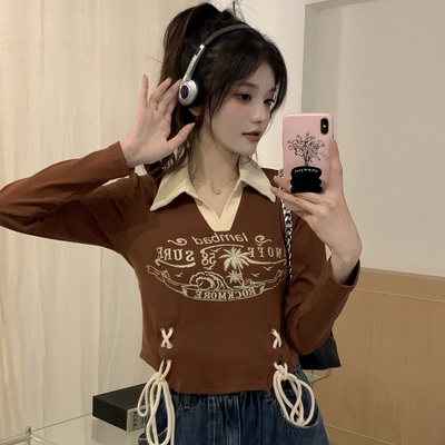 taobao agent Retro T-shirt, top, plus size, American style, polo collar, long sleeve, fitted