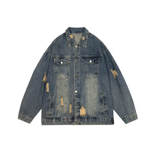 
GOGOSOON Denim Jacket Men's New 2025 Spring and Autumn Jacket with Holes American Fashion Brand Washed and Distressed Teenagers