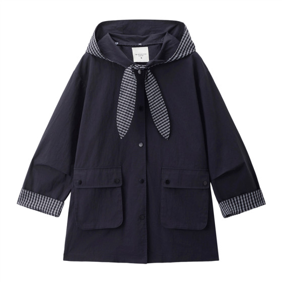 
Designer Giordano windbreaker jacket women's new style spliced ​​plaid hooded mid-length jacket 18375811