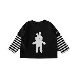 Youyou boys' cute bunny print fake two-piece striped loose T-shirt spring and autumn children's casual long-sleeved top trendy