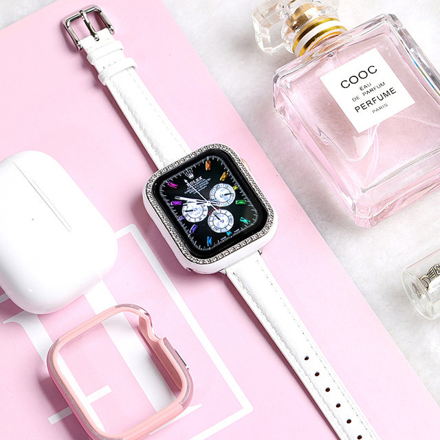 星图适用真皮荔枝纹苹果iwatch123456se7s8表带applewatch小香风潮女mm42/40/44钢化膜壳一体钻壳保护套ultra