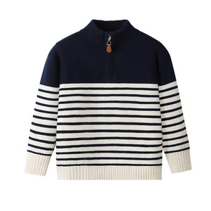 
Yalu men's and women's same style children's stand-up collar pure cotton sweater 2026 spring boys' striped casual versatile sweater thin