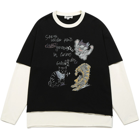 
Double high tire same style GUUKA trendy brand black cat long-sleeved T-shirt for men heavyweight pure cotton fake two-piece top for women loose